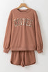 'First COFFEE' Sequin Long Sleeve Top and Shorts Set - Celes Fashion